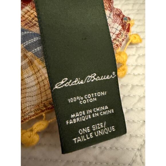 Eddie Bauer Plaid Floral Scarf Tassel Trim Boho Fall Lightweight Cotton Wrap OS - Picture 7 of 8